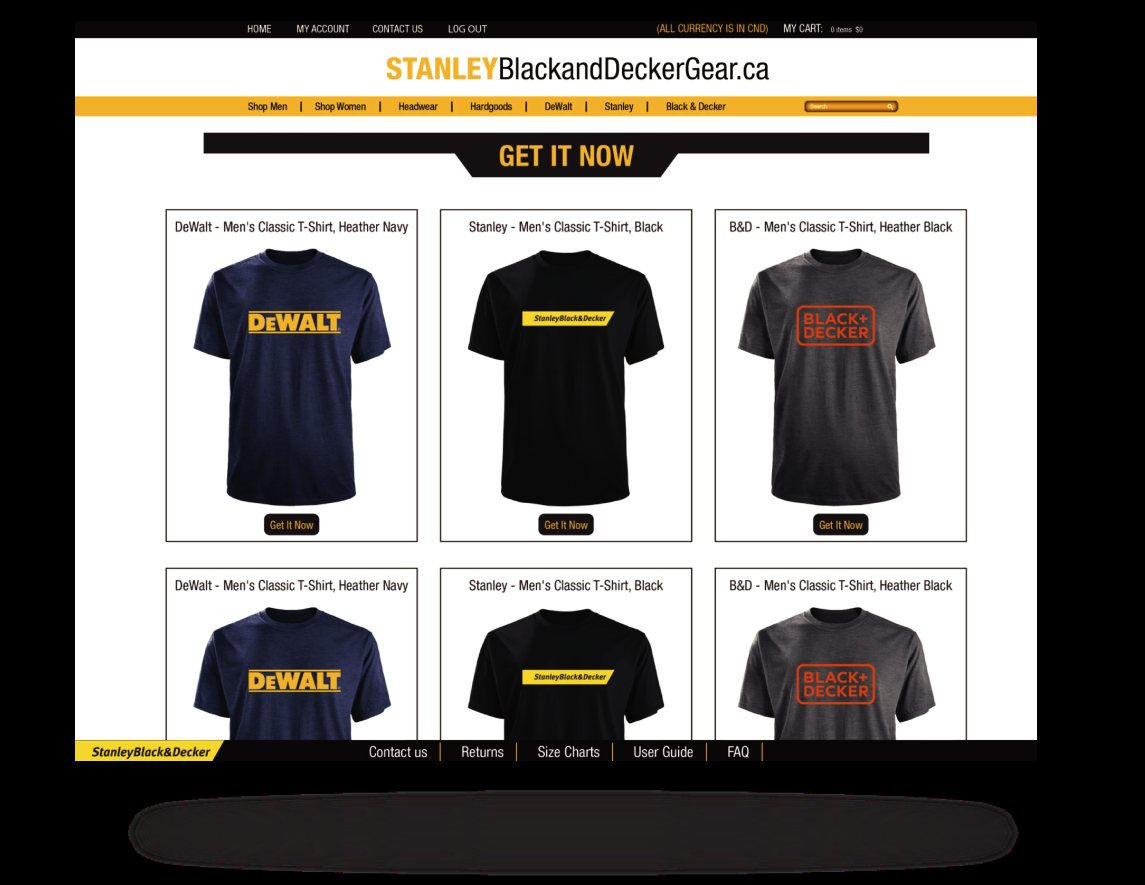 Stanley Black and Decker gear portal with DeWalt tees