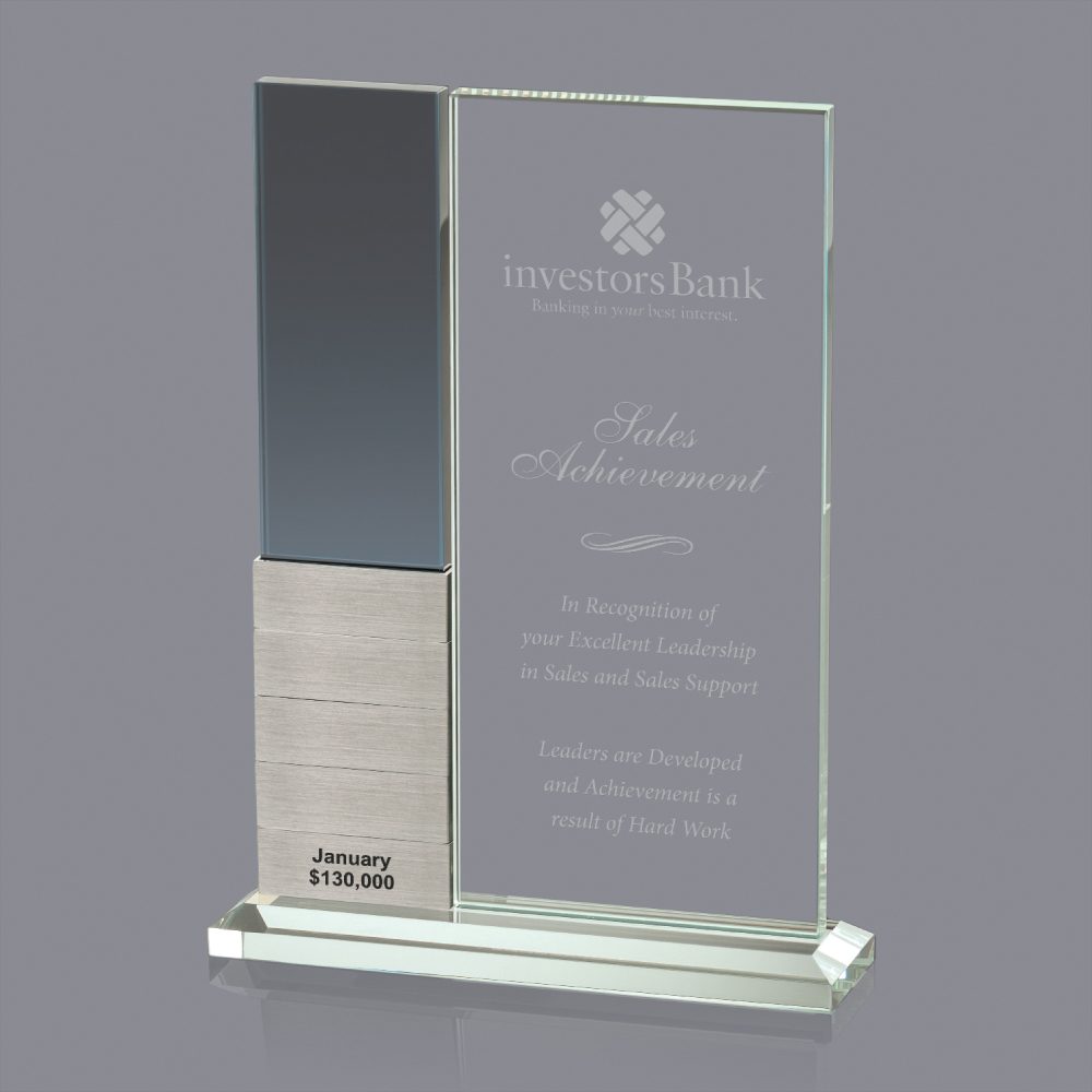 Frosted crystal milestone award for a bank