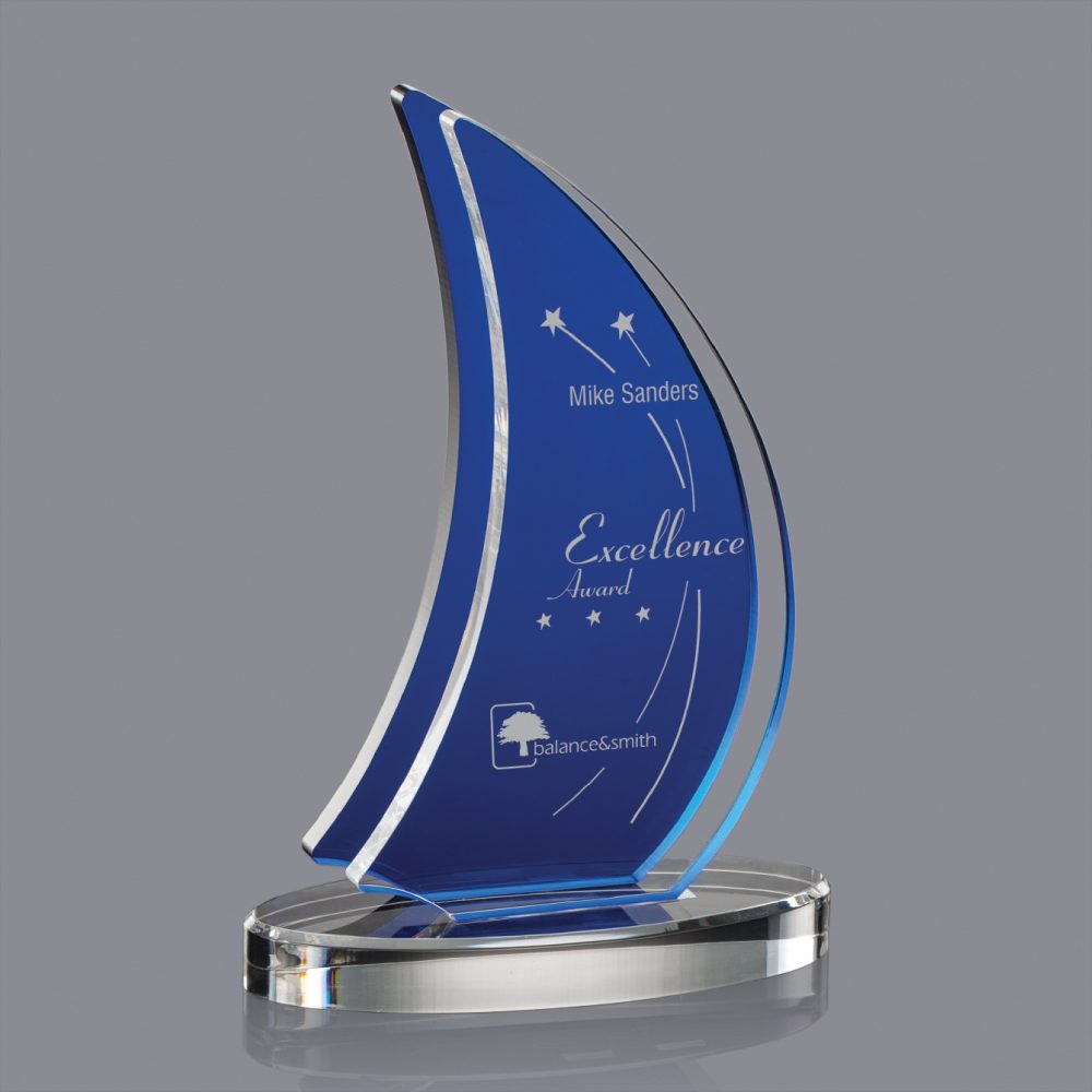 Blue sail-shaped crystal excellence award