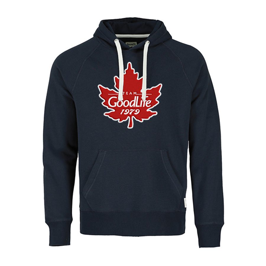 Navy GoodLife hoodie with maple leaf artwork