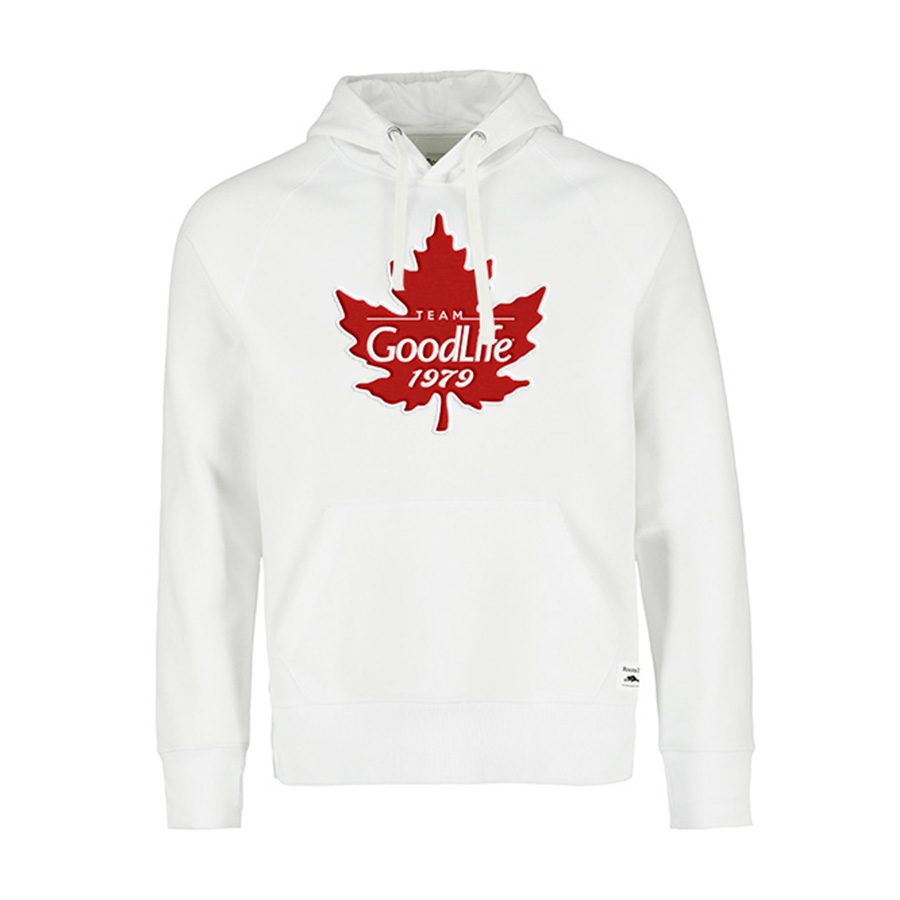 White GoodLife hoodie with red maple leaf artwork