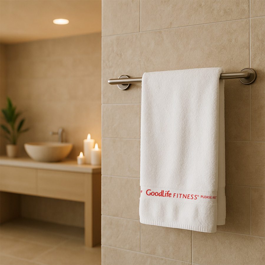 White GoodLife Fitness towel hanging on a rack