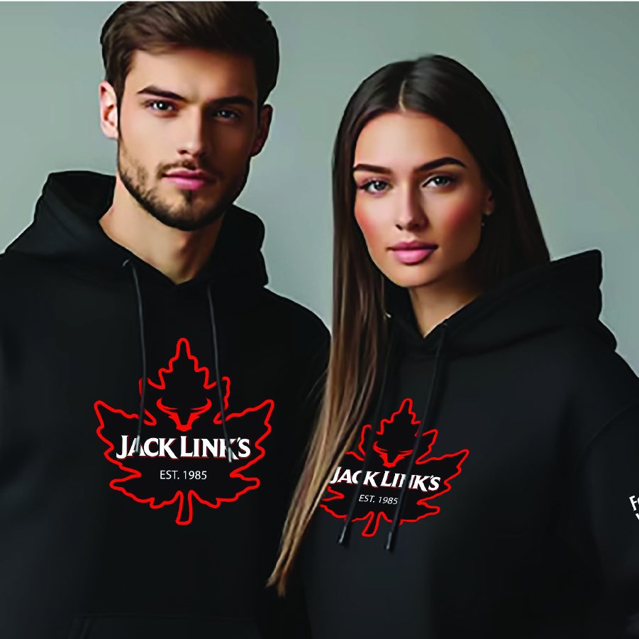 Black Jack Link's maple leaf hoodies on two models