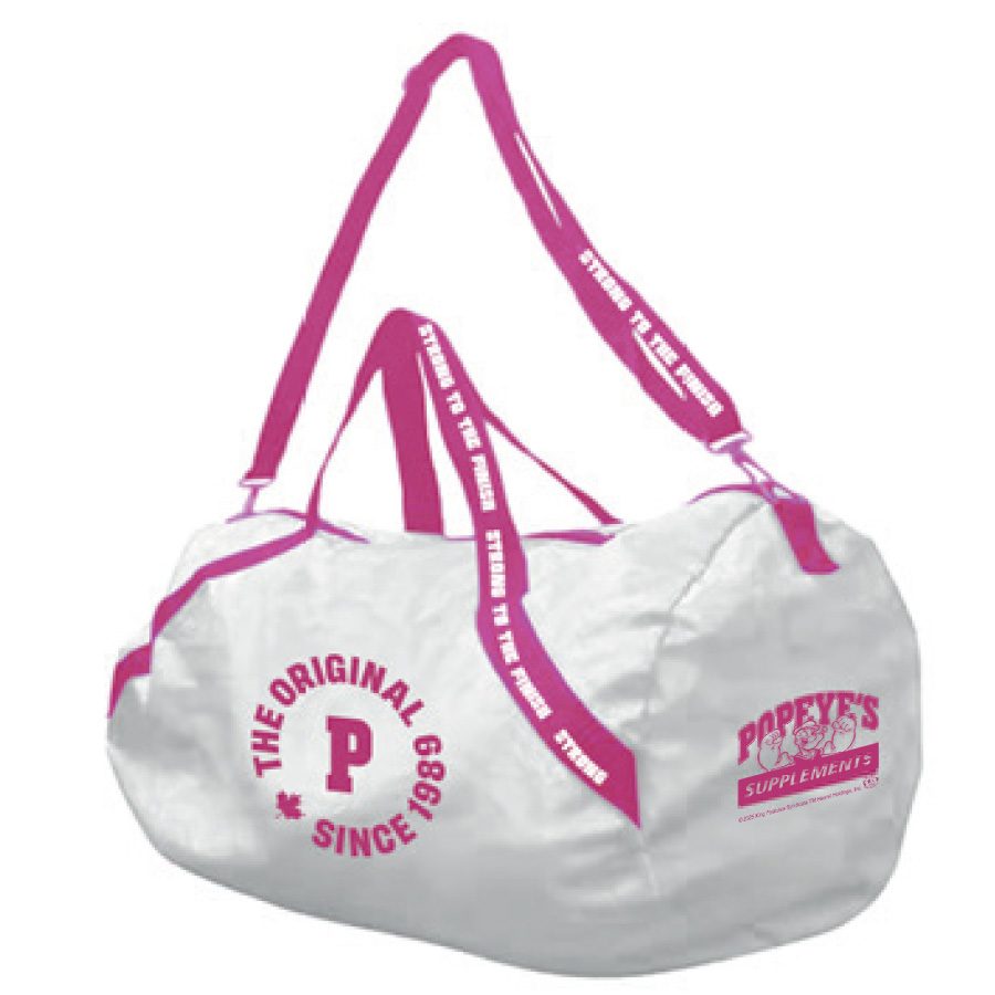 White and pink Popeye's gym duffel
