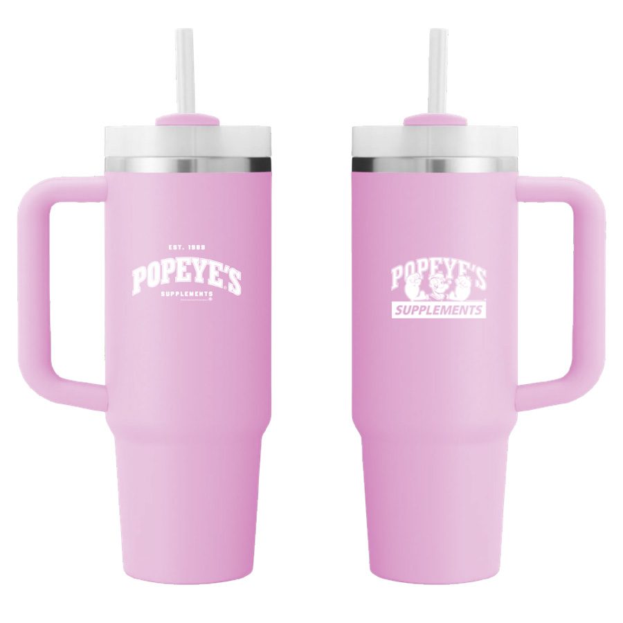Pink Popeye's travel mug