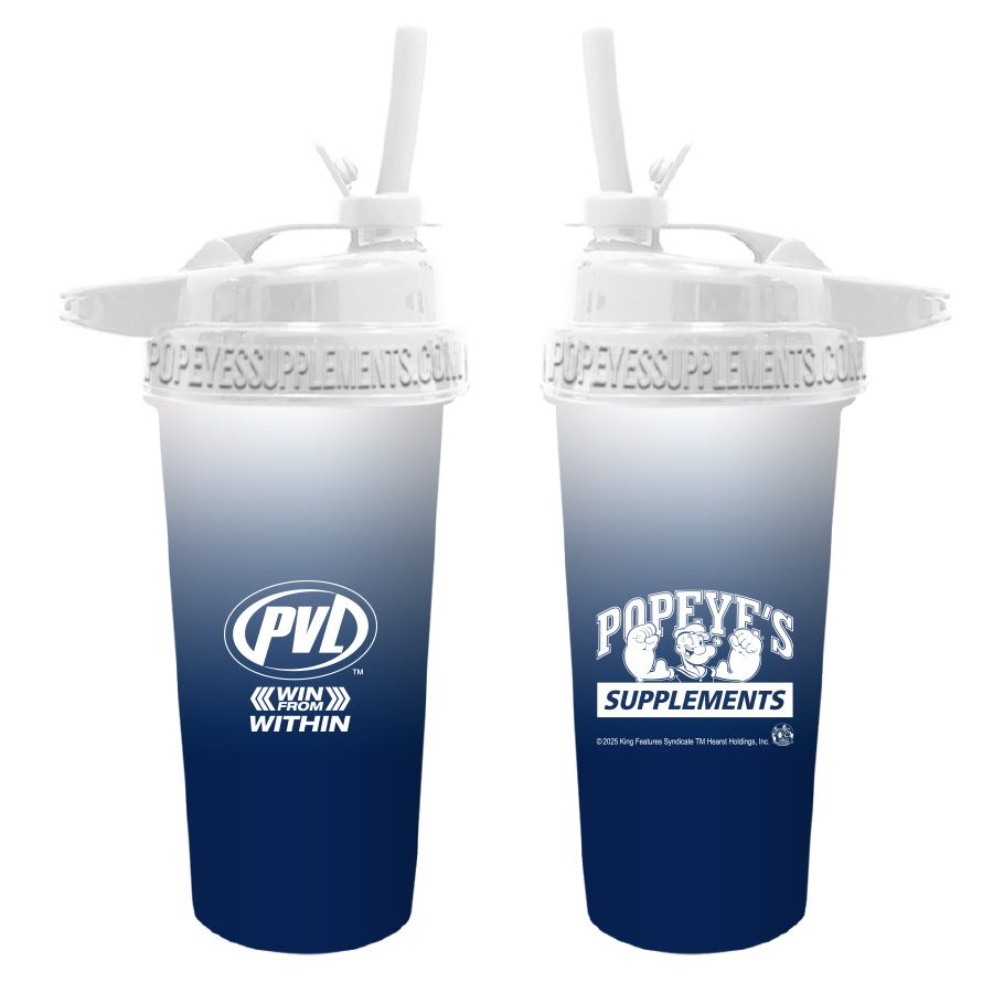 Blue gradient flip-and-sip Typhoon shaker for Popeye's Supplements and PVL
