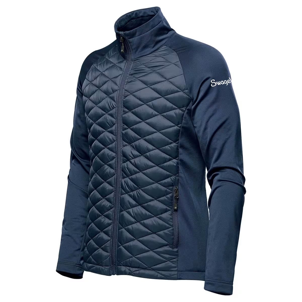 Navy Stormtech quilted jacket with Swagelok logo