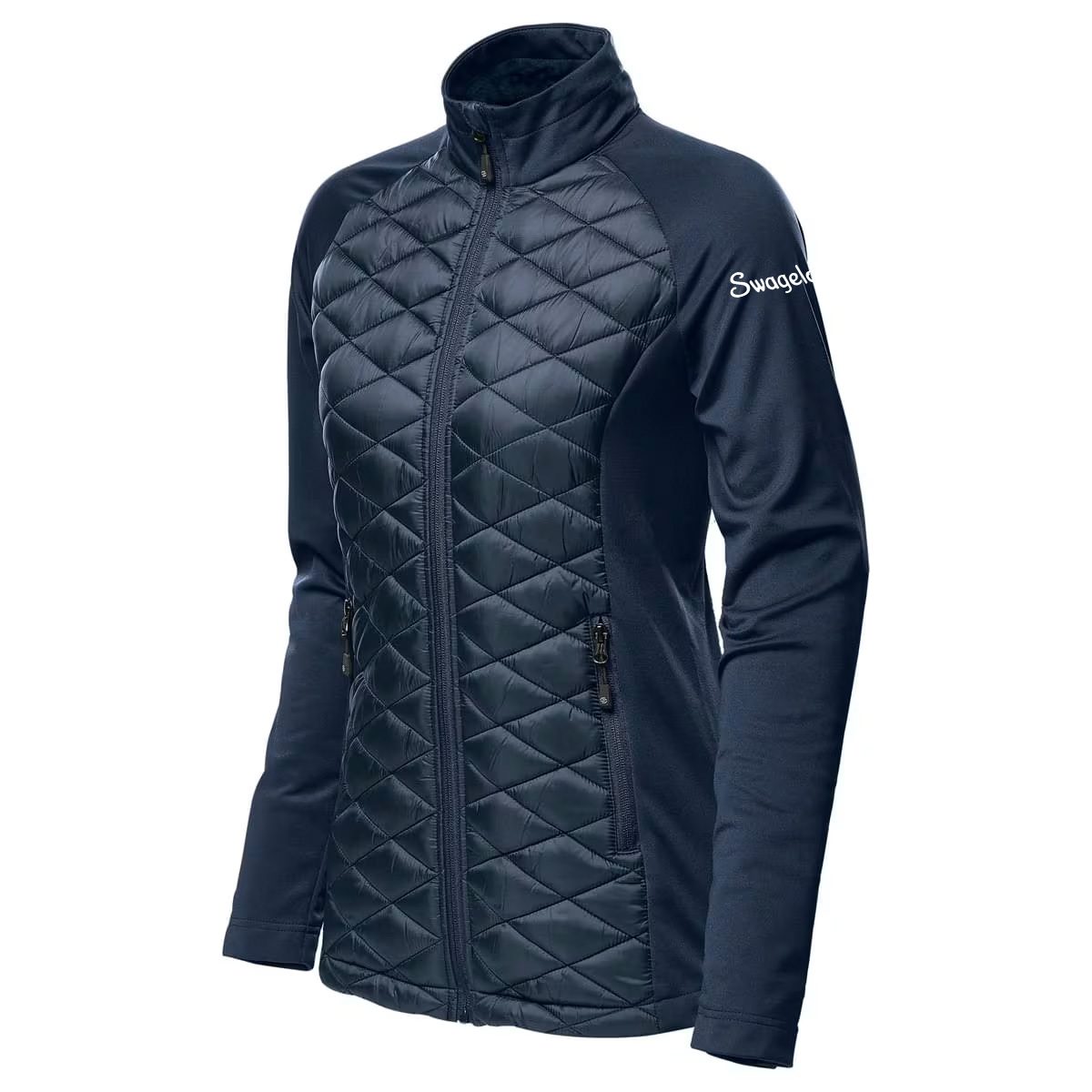 Ladies' navy Stormtech quilted jacket with Swagelok logo