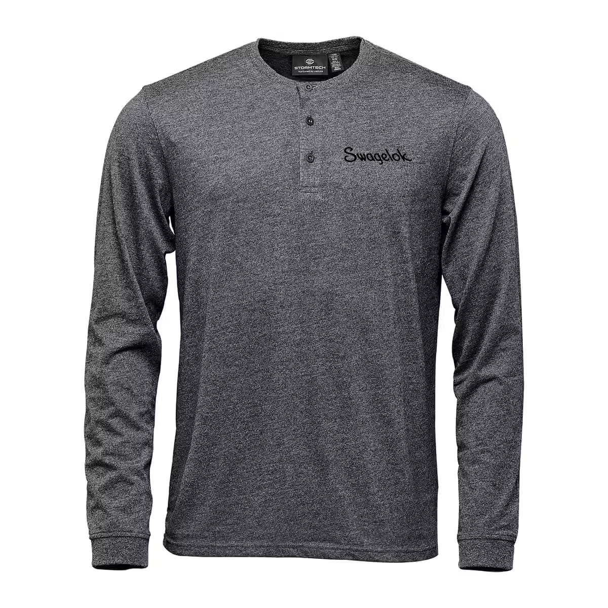 Grey Stormtech long sleeve henley with Swagelok logo