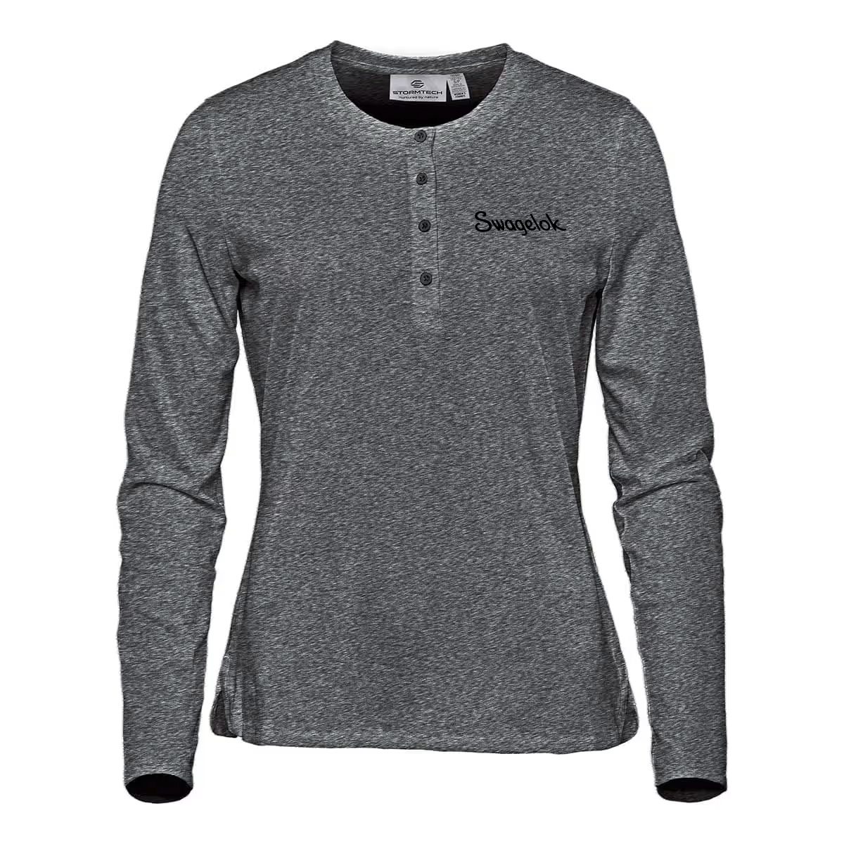 Ladies' grey Stormtech henley with Swagelok logo