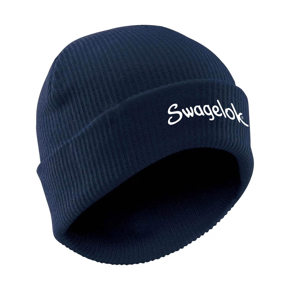Navy knit foldover beanie with Swagelok script