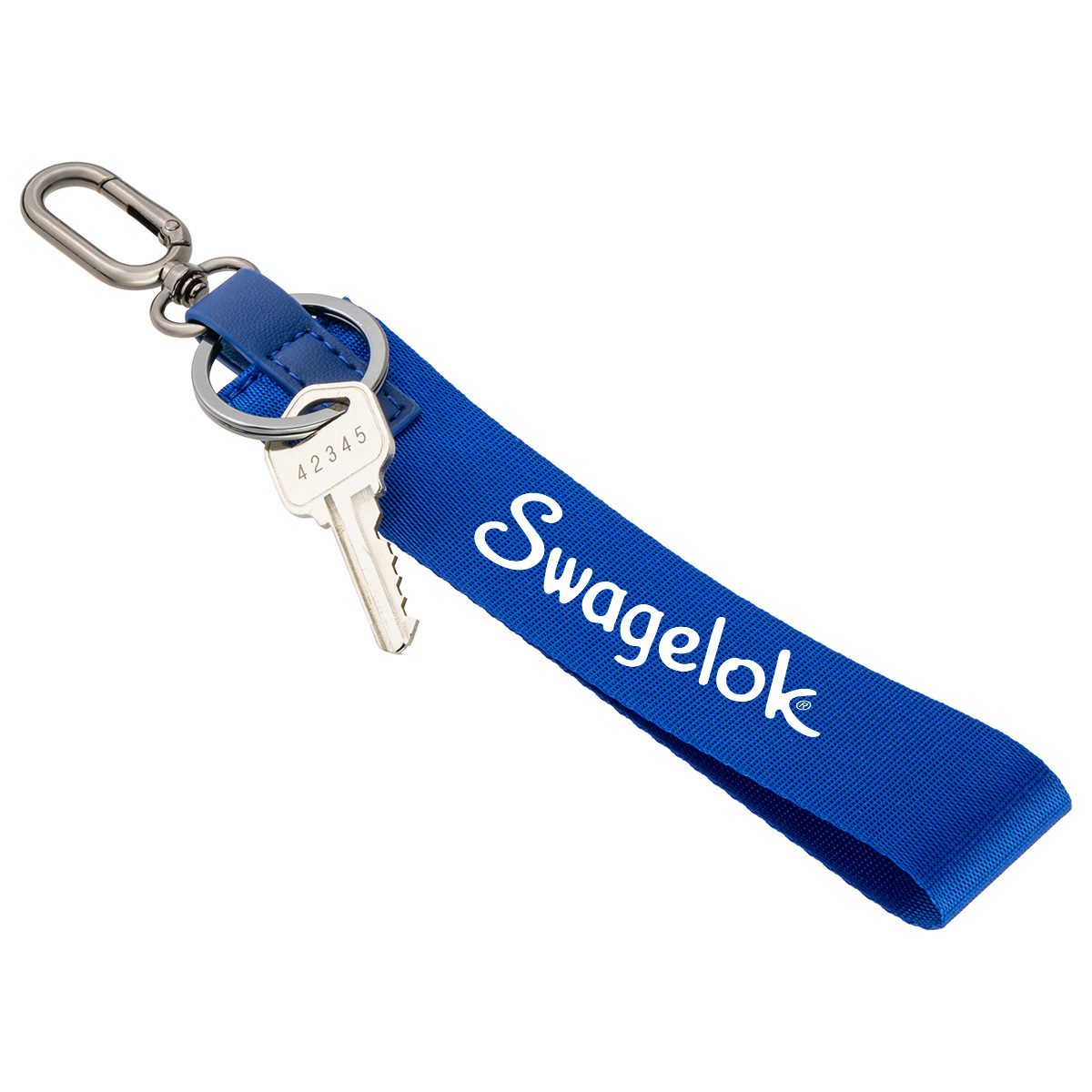 Blue Never Lost keychain with Swagelok strap