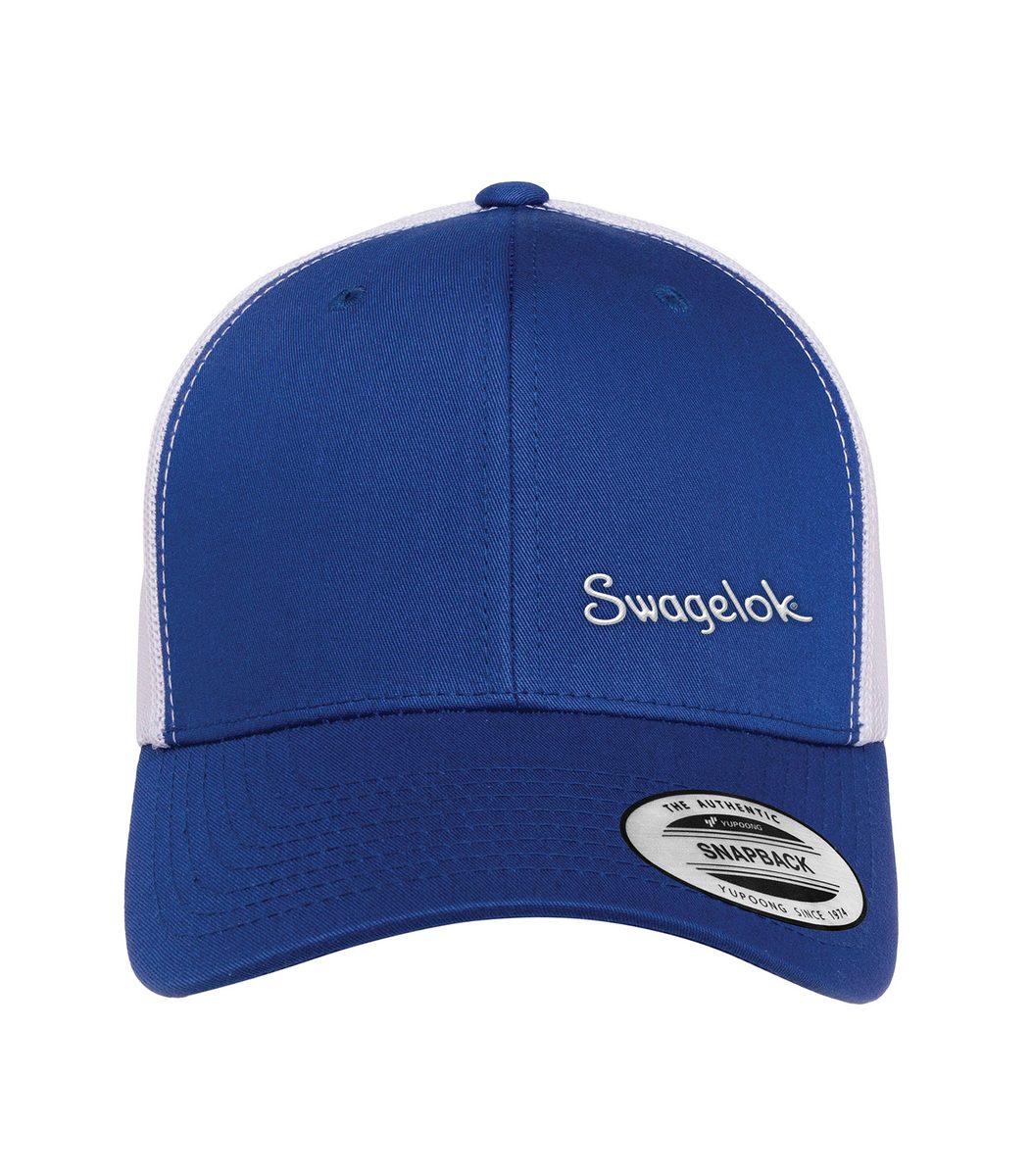 Blue and white Swagelok trucker cap