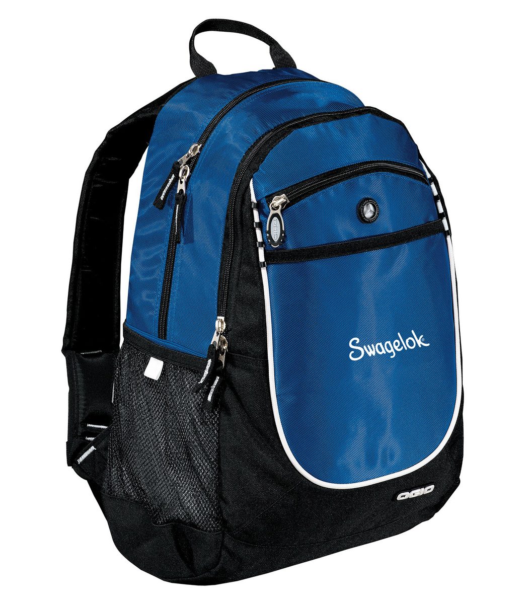 Blue and black Ogio Carbon backpack with Swagelok logo