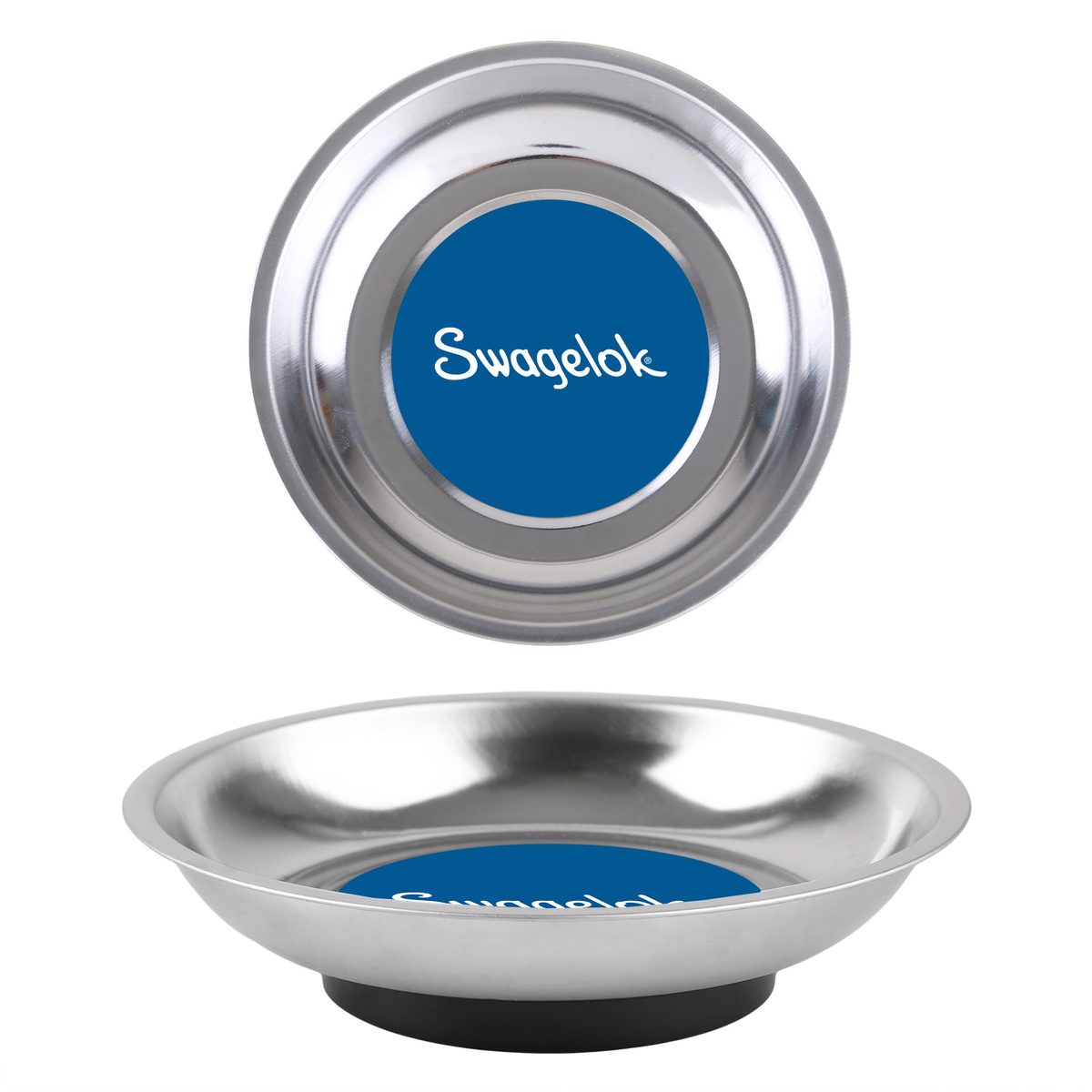 Stainless magnetic work bowls with Swagelok branding