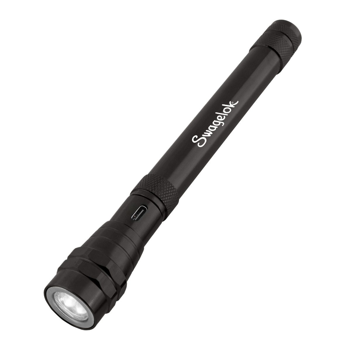 Black telescopic rechargeable Swagelok flashlight
