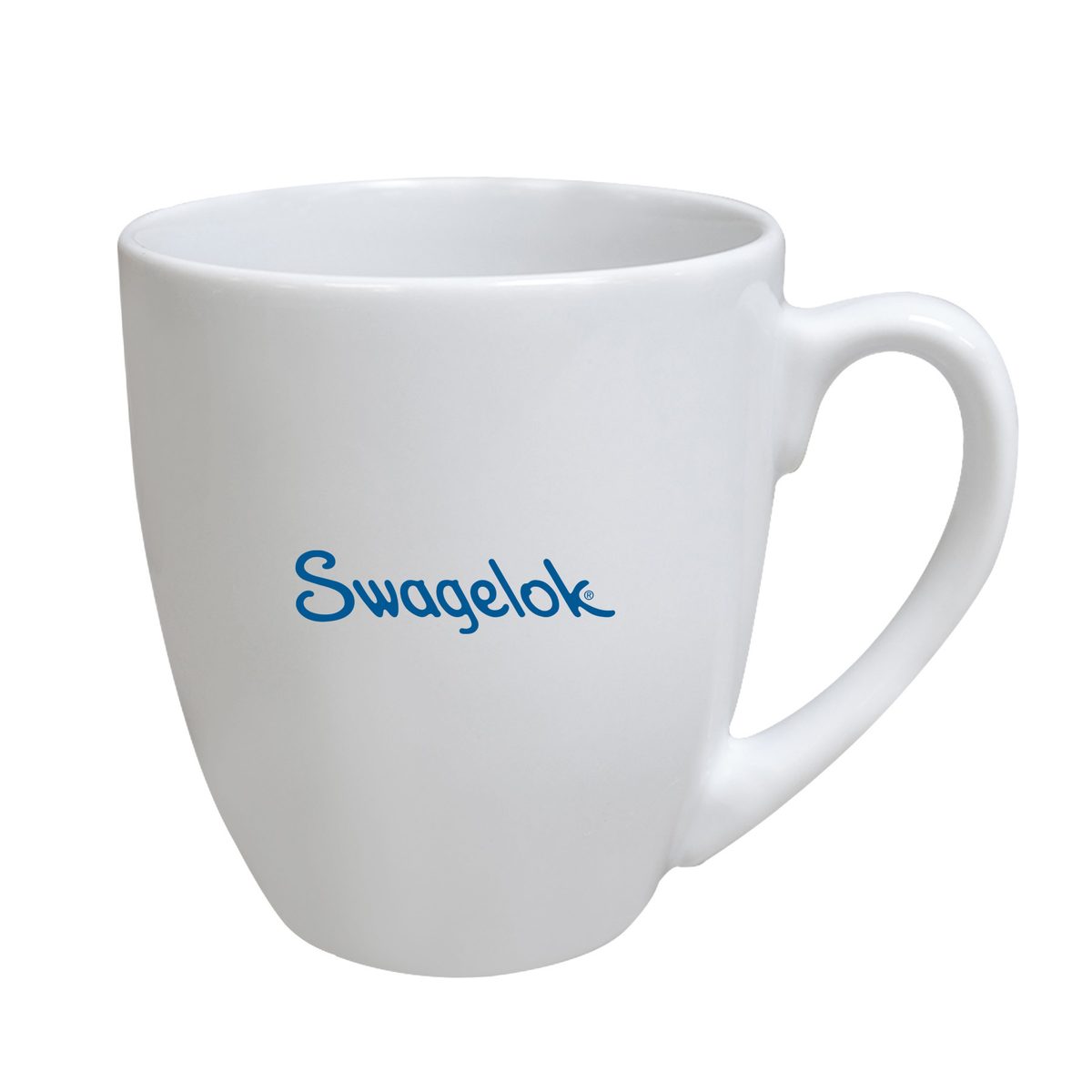 White 17 oz bistro mug with Swagelok logo
