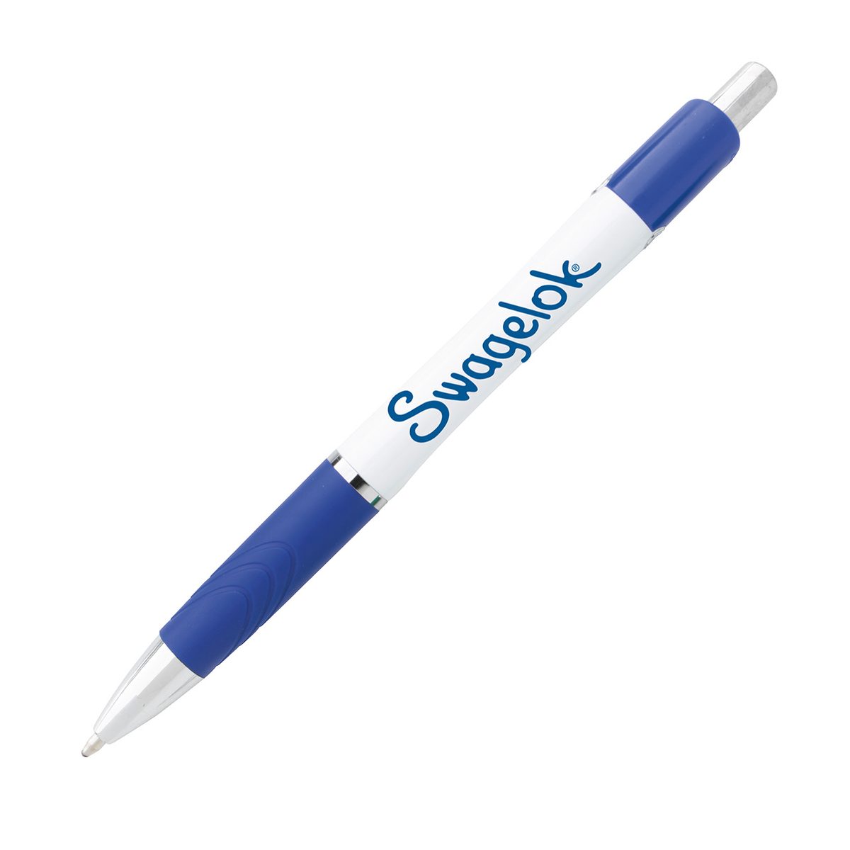 Blue and white Swagelok plastic ballpoint pen