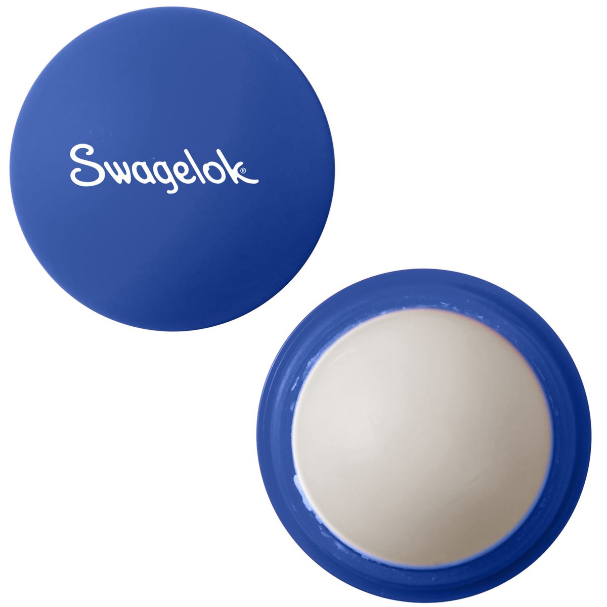 Round blue Swagelok lip balm