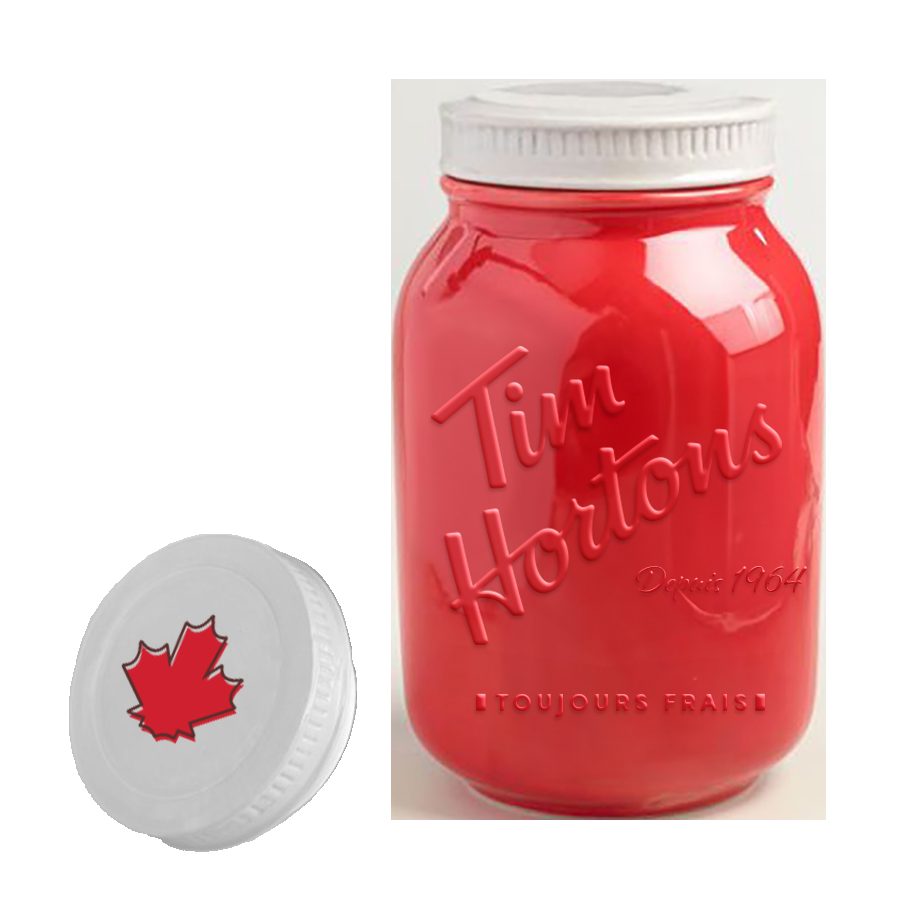 Red Tim Hortons mason-style cookie jar