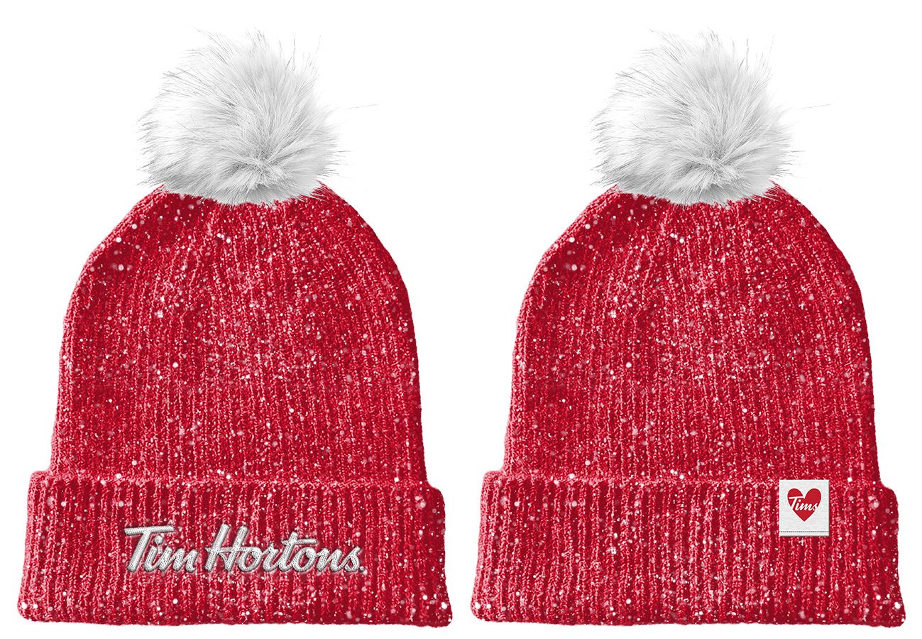 Red Tim Hortons knit toques with pom-poms